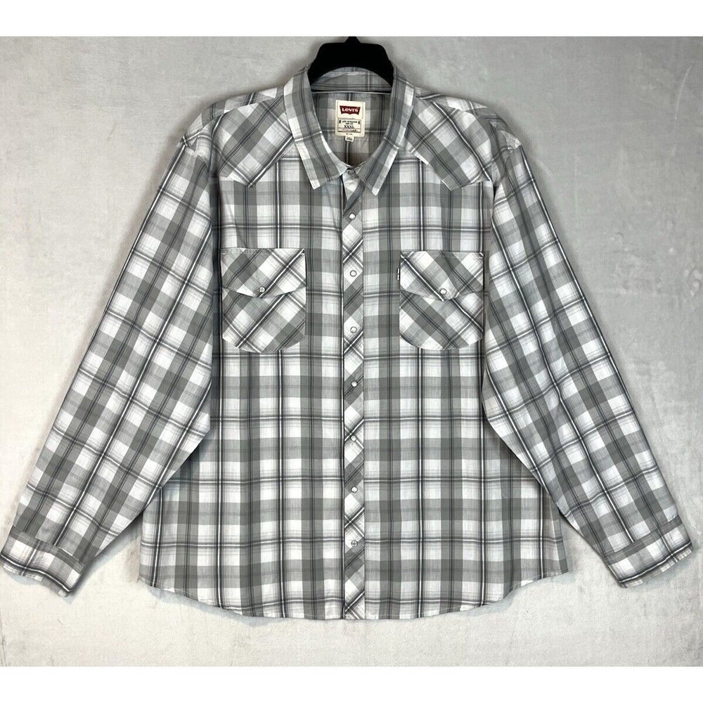 Levis Shirt Men 3XL Gray Plaid Regular Chest Pocket Pearl Snap Lightweight Rodeo
